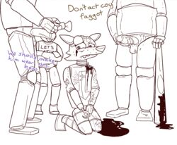 abuse animatronic anthro bear bonnie_(fnaf) bow chica_(fnaf) crisis-omega cruel english_text eyewear five_nights_at_freddy's foxy_(fnaf) freddy_(fnaf) gay group lagomorph machine male/male mammal mechanical oil penis rabbit robot sad text yaoi