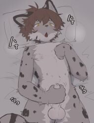 anthro balls bed black_spots brown_hair felid foreskin fur furniture genitals grey_body grey_fur hair hi_res humanoid_genitalia humanoid_penis jinbuuck kemono male mammal markings masturbation motion_lines nipple_fetish nipple_play nipples nude nude_anthro nude_male on_bed pantherine penile penile_masturbation penis snow_leopard solo spots spotted_body spotted_fur white_body white_fur xiang_(jinbuuck)