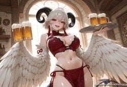 1girl :d ahoge ai_generated alcohol bangs bare_shoulders beer beer_mug blush breasts cleavage cowboy_shot crop_top cup curled_horns demon_horns earrings feathered_wings feathers hair_between_eyes holding holding_tray horns indoors jewelry kermixx large_breasts looking_at_viewer midriff mole mole_under_eye monster_girl mug navel open_mouth pelvic_curtain red_eyes ribbon shiny shiny_skin short_hair skindentation smile solo stomach tail tassel tassel_earrings tray underwear white_hair white_wings wings wuthering_waves zani_(wuthering_waves)