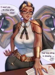 absurdres black_hair blonde_hair blonde_streaks bra_strap breasts commentary crystal_earrings dark-skinned_female dark_skin desi domina domina_(overwatch) earrings english_text gold_bracer highres jacket jacket_on_shoulders jewelry large_breasts looking_at_viewer multicolored_hair official_alternate_costume overwatch parted_lips shirt short_hair single_bracer solo speech_bubble strap_slip streaked_hair teacher two-tone_hair w33ping_cat white_shirt wings