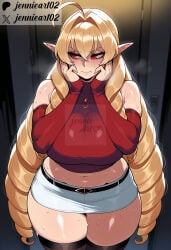 1girl ahoge ai_generated artist_name bare_shoulders belt black_thighhighs blonde_hair blush breasts clothing crop_top curvy detached_sleeves drill_hair elf elinalise_dragonroad english_text female hair_between_eyes hair_intakes hands_on_own_cheeks hands_on_own_face jennieart02 jewelry large_breasts legs_together legwear long_hair looking_to_the_side microskirt midriff miniskirt mushoku_tensei navel necklace patreon patreon_logo patreon_username pencil_skirt pendant plump pointy_ears red_eyes red_sleeves ringlets skirt sleeveless sleeves_past_wrists solo standing sweat thick_thighs thighhighs thighs twin_drills twitter twitter_logo twitter_username very_long_hair watermark white_skirt wide_hips zettai_ryouiki