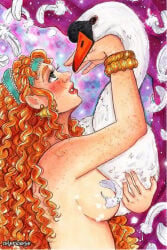 beautiful beautiful_girl beauty breasts breasts_out cassandra_of_troy coloricioso feather_censor feathers greek_mythology nude nude_female nudity orange_hair pale_skin swan the_epic_cycle trojan_war trojan_women