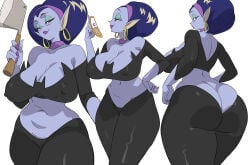 1girls ass axe belly blue_lips blue_skin breasts butt_crack cellphone choker cleavage cleaver clothing colored_skin cosplay covered_nipples crop_top curvy earrings eyeshadow female grey_skin hand_on_own_hip holding holding_phone hoop_earrings huge_ass huge_breasts jewelry large_breasts lipstick looking_at_viewer makeup mature_female midriff multicolored_hair multiple_views navel pants phone plump pointy_ears purple_hair purple_lips purple_skin revealing_clothes short_hair simple_background smile thick_thighs thighs tight_clothes vivi_(brain_dead_13) white_background wide_hips yuta_agc