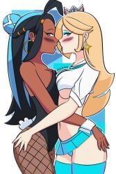 2d 2d_(artwork) 2girls after_kiss black_hair blonde_hair blue_eyes blue_highlights blue_thighhighs bunny_ears bunny_tail bunnysuit commission dark-skinned_female echoartist21 female_only fishnet_legwear game_freak hair_over_one_eye hand_on_ass interracial light-skinned_female looking_at_viewer mario_(series) microskirt nessa_(pokemon) nintendo pokemon pokemon_ss princess_rosalina rosalina saliva_trail school_uniform spit_trail super_mario_bros. super_mario_galaxy tagme thighhighs underboob watermark yuri