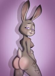 2019 anthro areola ass bedroom_eyes big_butt breasts buckteeth dipstick_ears disney ear_markings female fur grey_body grey_fur judy_hopps lagomorph leg_tattoo leporid looking_at_viewer looking_back mammal multicolored_ears narrowed_eyes nipples nude pink_nose planz34 purple_eyes rabbit rear_view scut_tail seductive short_tail side_boob signature solo tail tattoo teeth thigh_tattoo zootopia