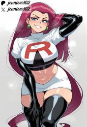 1girl ai_generated artist_name black_footwear black_gloves black_thighhighs blue_eyes blush boots breasts clothing crop_top curvy earrings elbow_gloves english_text female footwear gloves grey_background grin hair_slicked_back hand_in_own_hair hand_on_own_thigh jennieart02 jessie_(pokemon) jewelry large_breasts latex latex_gloves leaning_forward legwear long_hair looking_at_viewer midriff miniskirt navel patreon patreon_logo patreon_username pencil_skirt plump pokemon purple_hair red_hair shiny_clothes simple_background skirt smile solo sweat team_rocket team_rocket_uniform thick_thighs thigh_boots thighhighs thighs twitter twitter_username very_long_hair watermark web_address white_skirt wide_hips zettai_ryouiki