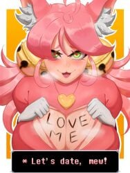 1girls ahoge animal_ears big_breasts blush body_writing breasts cleavage cleavage_cutout deltarune gloves green_eyes heart heart-shaped_pupils large_breasts long_hair looking_at_viewer mad_mew_mew pink_(deltarune) pink_hair smile solo sweat symbol-shaped_pupils tagme tearing_clothes thedayunboi undertale_(series)