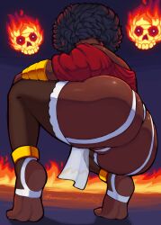 2d afro ass ass_focus back_view below_view big_ass dark-skinned_female dark_skin ferrousred fire flame garter_belt_leggings garter_straps huge_ass magic oc pantyhose squatting stirrup_legwear white_panties
