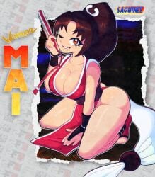 arm_guards ass big_breasts blush blushing breasts brown_eyes brown_hair cleavage clothes collarbone fan fatal_fury folded_fan folding_fan hair_ornament hair_up hand_fan high_ponytail holding_fan japanese_clothes king_of_fighters kunoichi large_breasts light_blush looking_at_viewer mai_shiranui motoyui no_bra obi panties parted_bangs pelvic_curtain ponytail red_panties revealing saguinee sash shimenawa shiny_skin sleeveless smile snk solo tassel thick_thighs thighs toeless_legwear toes underwear wrist_guards