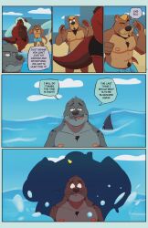 absurd_res anthro aquatic blue_body brown_body bulge chest_tuft clothing cloud comic dialogue dippubear dragon english_text eyewear fin fish grey_body group hi_res horn male mammal musclegut muscular muscular_anthro muscular_male mustelid mythological_creature mythological_scalie mythology nipples open_mouth otter overweight overweight_anthro overweight_male pinniped pubes red_body scalie seal shark slightly_chubby slightly_chubby_anthro slightly_chubby_male speech_bubble splash sunglasses swimming_trunks swimwear tail text tuft underwear water whiskers