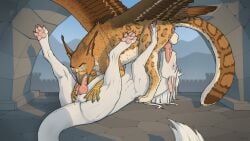 16:9 69_position anus avian balls beak berkut_(lyrunya) blue_eyes blush bodily_fluids brown_body castle dragon duo ear_piercing ear_ring ear_tuft erection feathered_wings feathers feral feral_on_feral genital_fluids genitals gryphon hi_res horn knot knot_lick knotted_penis licking lying male male/male mane mythological_avian mythological_creature mythological_scalie mythology on_back oral pawpads penile penis penis_in_beak penis_in_mouth penis_lick piercing pointy_ears precum rast rast_(character) ridged_penis ring_piercing scalie sex tail tail_tuft tongue tuft white_body widescreen wingless_dragon wings yellow_eyes