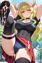 1girl 5_toes after_anal ai_assisted ai_generated anus arched_back arms_behind_head barefoot baseball_cap black_choker black_tank_top black_thighhighs blonde_hair blue_hair blue_shorts breasts buruma choker cleavage close_up clothed clothing covered_navel cum cum_in_ass cum_inside cum_on_body cum_on_feet cumdrip dragon_horns dress feet female female_focus foot_fetish foot_focus foreshortening from_below gradient_hair gym_uniform hand_on_own_hip heart heterochromia horns_through_headwear long_hair looking_at_viewer looking_down_at_viewer lucoa lucoa_(maidragon) medium_breasts no_panties no_underwear park pussy red_dress short_sleeves slit_pupils smile soles solo solo_focus standing standing_on_one_leg street sweat thigh_strap toes yellow_pupils