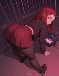 1girl ai_generated all_fours ass bag bent_over black_footwear black_pantyhose closed_mouth forehead from_behind instrument jacket loafers long_hair long_sleeves looking_at_viewer looking_back nyx_x pantyhose patreon_username pleated_skirt red_eyes red_hair red_skirt school_uniform sensitive shirt shoes skirt solo watermark web_address