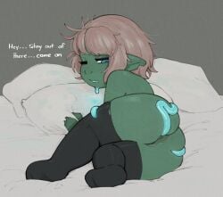anus bed bed_sheet bedding blue_eyes blue_saliva bodily_fluids butt claws clothing colored_saliva drooling english_text feet female finger_claws freckled_face freckles furniture genitals goblin green_body green_skin hair hi_res humanoid humanoid_pointy_ears legwear legwear_only looking_back lying magic messy_hair mostly_nude not_furry notched_ear on_bed on_side one_eye_closed open_mouth pillow pink_hair plinkgrn pointy_ears rear_view saliva sharp_teeth solo spread_butt spreading stockings stockings_only teeth tendrils text tired_eyes unusual_bodily_fluids unusual_saliva vulva waking_up