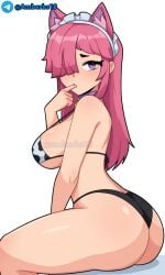 ai_generated ass_focus bikini bikini_bottom bikini_top brawl_stars colette_(brawl_stars) pink_hair sitting white_background