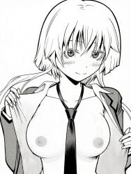 breasts colorless embarrassed_expression ritsu_(assassination_classroom) smile stripping tie topless