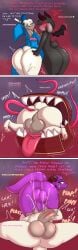 absurd_res anthro anthro_on_anthro anthro_penetrated anthro_penetrating anthro_penetrating_anthro balls big_butt black_body black_fur black_tail bodily_fluids bovid butt butt_grab caprine comic cum cum_while_penetrated dialogue english_text erection fellatio femboy fur genital_fluids genitals green_eyes hand_on_butt hi_res humanoid_genitalia humanoid_penis male male/male male_penetrated male_penetrating male_penetrating_male mammal mimic mimic_chest nude oral oral_penetration penetration penile penis sex sheep starit tail text vore white_body white_fur white_tail