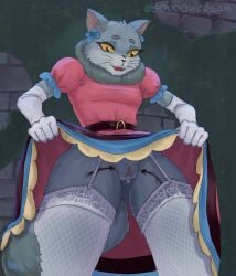 anthro body_writing feline furry garter_straps gloves lifting_dress lifting_own_clothes looking_at_viewer solo solo_female sorrowcream soviet_cartoon soyuzmultfilm wet_pussy