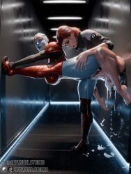 against_wall alien alien_girl asari ass_press barefoot bottomless cum cum_in_pussy excessive_cum eyes_rolling_back feeg femshep futa_on_female futanari holding_hips human human_penetrating human_penetrating_female leg_up mass_effect moaning offmodelstudio pressed_against_wall samara sex suspended toe_curl vaginal_penetration