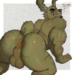 1boy animatronic anthro back_view balls dialogue english_text five_nights_at_freddy's five_nights_at_freddy's_3 fnaf fur furry furry_only gay inviting looking_at_viewer looking_back mrkeypoo muscular nude presenting presenting_ass presenting_butt rabbit robot scottgames solo solo_focus springtrap springtrap_(fnaf) teasing text
