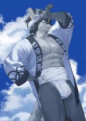 abs absurd_res anthro asian_clothing balls_outline black_nose blue_eyes bodily_fluids bulge canid canine canis clothing cloud detailed_background detailed_bulge east_asian_clothing fundoshi fur genital_outline grey_body grey_fur hachimaki hair happi_(clothing) hi_res japanese_clothing kemono male mammal meiutrola multicolored_body multicolored_fur muscular muscular_anthro muscular_male outside pecs penis_outline pointy_ears ponytail solo sweat sweatdrop translucent translucent_clothing two_tone_body two_tone_fur underwear wolf