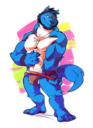 1boy abs anthro artist_name balls barefoot biceps black_nose blue_fur body_fur bulge canine claws clothed clothing facial_hair feet fluffy_tail fur hair half-dressed jockstrap male male_only mammal mane muscles no_visible_genitalia open_mouth pecs plain_background smile solo super-tuler tairupanda toe_claws toes toony topless underwear undressing white_background wolf wristband