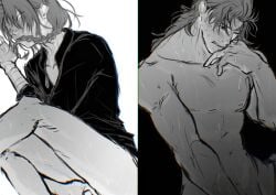 2boys abuto blush bottomless braid braided_hair braided_ponytail chinese_clothes completely_nude gay gintama kamui_(gintama) long-haired_male long_hair male male_only masturbation monochrome mullet multiple_images no_visible_genitalia nude ohmypoorkamui stubble sweat yaoi