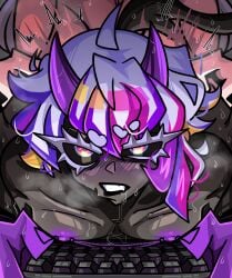 1boy 1female 1futa alexklein anal anal_penetration anal_sex futanari grabbing grabbing_ass grabbing_from_behind horn horns keyboard male_on_futa nipple_piercing nipples saki_(alexklein) sweat sweatdrop sweating