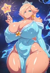 1girls areolae areolae_visible_through_clothing breasts clothed clothing dress erect_nipples erect_nipples_under_clothes fully_clothed huge_breasts luma mario_(series) nipple_bulge nipples nipples_visible_through_clothing no_bra no_panties princess_rosalina solo tagme