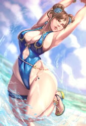 1female 1girl 1girls beach beach_background bikini boobs brunette chinese_female chun-li chun-li_(street_fighter_6) cleavage darth_jin female female_focus female_only gold_jewelry one-piece_swimsuit slim_waist slut slutty_female street_fighter street_fighter_6 summer thick_female thick_legs thick_thighs thighs thighs_bigger_than_head tits water wet_body wet_clothes wet_clothing