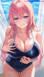 1girl ai-assisted bare_shoulders blue_eyes blue_one-piece_swimsuit blurry blurry_background blush breasts classroom_of_the_elite cleavage collarbone competition_school_swimsuit covered_navel cowboy_shot crossed_bangs curtains grin hair_between_eyes hand_on_own_chest ichinose_honami_(cote) large_breasts long_hair looking_at_viewer one-piece_swimsuit pink_hair school_swimsuit smile solo swimsuit thigh_gap thighs voidbunny water wet wet_swimsuit youkoso_jitsuryoku_shijou_shugi_no_kyoushitsu_e