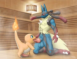 balls big_balls canine charmander duo fellatio impious kneeling knot long_penis lucario male mammal mega_evolution mega_lucario muscles nintendo nipples oral penis pokemon pokemon_(species) precum raised_tail sauna scalie sex size_difference steam tapering_penis vein video_games yaoi