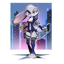 1:1 2026 anthro areola badge black_ear_tips breasts city cityscape clothed clothed_female clothing cuff_(restraint) dipstick_ears disney ear_markings ears_down female genitals gun handcuffs handgun hi_res judy_hopps kiaun lagomorph legwear leporid looking_at_viewer mammal markings metal_cuffs multicolored_ears navel nipples pink_areola pink_nipples pistol pivoted_ears police_badge pubes purple_eyes rabbit ranged_weapon restraints revolver small_breasts solo thick_thighs thigh_highs unzipped_bodysuit vulva weapon zootopia