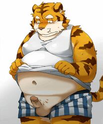 animated anthro balls blush boxers chubby clothing cum cumshot feline hands-free humanoid_penis male mammal muscles nikiciy orgasm pecs penis poking_out shirt shirt_lift tank_top tiger underwear underwear_down yaoi