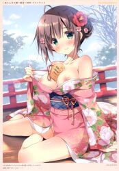 1girls blond_hair blush breast breasts_out cameltoe clothed exposed_breasts flower flower_hair_ornament flower_in_hair flower_print hair_ornament highres japanese_clothes kimono large_breasts medium_hair melonbooks nipples no_panties open_clothes open_kimono open_shirt original pan_(mimi) scarf sitting snow straight_hair tied_hair