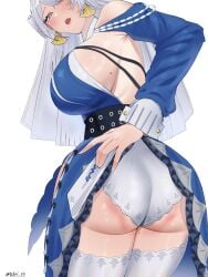 1girl absurdres armpits ass bare_shoulders blue_dress blush breasts dress earrings grey_hair highres ichii_19 jewelry large_breasts long_hair looking_at_viewer mole open_mouth purple_eyes solo thighhighs velina_airgid white_thighhighs zenless_zone_zero