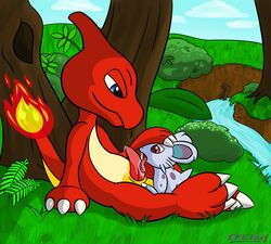 balls charmeleon cpctail duo female hi_res licking male nidoran nidoran♀ nintendo penis pokemon precum size_difference straight tongue tongue_out video_games