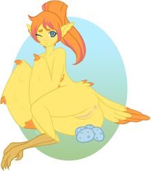 anus armless avian bird blue_eyes blush egg feathers female fur harpy nya plump_labia pussy solo wings yellow_fur