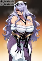 1girl ai_generated armor bare_shoulders breasts camilla_(fire_emblem) cleavage clothing curvy dress female fire_emblem fire_emblem_if gloves hair_over_one_eye horns huge_breasts jennieart02 large_breasts long_hair looking_at_viewer off-shoulder_dress off_shoulder patreon patreon_logo patreon_username purple_eyes purple_gloves purple_hair red_eyes skirt_hold smile solo sweat thick_thighs tiara twitter twitter_username very_long_hair watermark wavy_hair web_address white_dress wide_hips