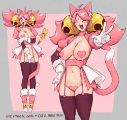 1girl 1girls animal_ears artist_request black_legwear breasts cat_ears cat_tail deltarune fang gloves heart heart_pasties jewelry juliet_sleeves large_breasts looking_at_viewer mad_mew_mew maebari multiple_views navel pink_(deltarune) pink_hair puffy_sleeves smile standing tail thighhighs twintails undertale_(series) v