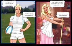 absurdres before_and_after blonde_hair domestication english_text femsub glowing_eyes hypnotic_accessory makeup mspainter muscle_girl ponytail rugby rugby_ball rugby_uniform speech_bubble sportswear stepfordization sweat text tomboy