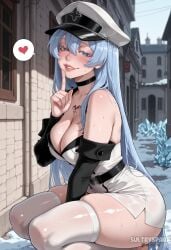 1girl ai_generated akame_ga_kill! artist_name bare_shoulders black_choker blue_eyes blue_hair blush breasts chest_tattoo choker cleavage detached_sleeves dress esdeath_(akame_ga_kill!) futarush hair_between_eyes hat heart heart-shaped_pupils ice large_breasts long_hair looking_at_viewer military military_hat military_uniform parted_lips patreon patreon_username peaked_cap skindentation smile solo spoken_heart squatting sultryspark sweat symbol-shaped_pupils tattoo thighhighs thighs uniform very_long_hair white_thighhighs