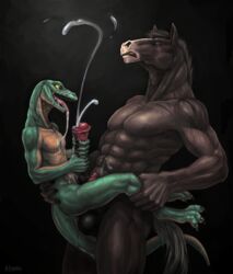 2015 abs animal_genitalia anthro balls biceps big_balls big_dom_small_sub big_penis brown_fur brown_skin claws closed_eyes cradling cum cum_in_mouth cum_inside cum_on_chest cum_on_face cum_on_penis cum_on_stomach cumshot digitigrade double_handjob duo equine erection fur green_scales green_skin handjob horse horsecock humanoid_penis klongi larger_male leg_grab leg_wrap legs_up lizard lizardman male mammal muscles naughty_face nipples nude open_mouth orange_eyes orgasm orgasm_face pecs penis reptile ripped scales scalie side_view size_difference smaller_male smile teeth thigh_sex toe_claws toned tongue vein yaoi