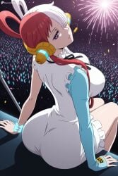 1girl ai_generated arm_support ass audience breasts digitalwaifugallery dress fireworks from_behind glowstick hair_over_one_eye hair_rings headphones hi_res high_quality high_resolution large_breasts long_hair long_sleeves looking_at_viewer looking_back microphone multicolored_hair one_piece patreon purple_eyes red_hair ribbon seductive sexy single_sleeve sitting solo split-color_hair twintails two-tone_hair uncensored uta_(one_piece) watermark white_dress white_hair