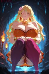 1girl ai_generated armband artist_name bare_shoulders blonde_hair blush bracelet breasts cleavage earrings flower goa_minagawa hair_flower hair_ornament hi_res high_quality high_resolution huge_breasts jewelry kiraamane kizetsu_yuusha_to_ansatsu_hime long_hair looking_at_viewer panties patreon seductive sexy smile solo squatting thighhighs uncensored water watermark yellow_eyes