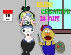 1boy 1girls 2015 angry angry_expression angry_face areola areolae arms_behind_back arms_behind_head arms_up ball_gag black_areola blue_hair calendar_(object) dont_hug_me_im_scared easel female gag gagged gagged_female gijinka grey_wall hanging human humanization humanized hung_up interior large_breasts lowres male meme meme_reference mouth_gag mouth_gagged mouth_open multicolored_hair no_pubic_hair notebook_(dhmis) nude nude_female overalls paintbrush pastel_colors rope rope_around_wrist rope_bondage shaved_pussy shaved_vagina smooth_body smooth_pussy smooth_skin tied_hands tied_up white_skin window wrists_bound wrists_tied yellow_body yellow_guy_(dhmis) yellow_skin