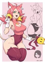 1girl absurdres adapted_costume animal_ears ass bell bell_ear_ornament breasts cat_ears cat_girl cat_tail cleavage_cutout clothing_cutout csr_ap07 deltarune fang gloves gold_bell green_eyes hair_bell hair_ornament heart heart_cutout heart_necklace heart_pendant highleg highleg_leotard highres jewelry kris_(deltarune) large_breasts leotard looking_back mad_mew_mew necklace pink_hair tail thighhighs undertale_(series) wott