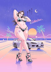 1girls 2026 artist_signature bikini blue_nail_polish brown_hair car chubby crescent_moon female female_focus female_only high_heels hourglass_figure hourglass_figured_female imaitetsuro neon nipple_bulge original original_character pinup shoulder_length_hair skindentation solo solo_female solo_focus tattoo tattoo_on_thigh