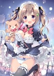 1girls blond_hair blush bow_panties breast clothed frilled_panties frilled_thighhighs hair_ornament hair_ribbon highres large_breasts long_hair maid maid_apron maid_headdress maid_outfit maid_uniform melonbooks original pan_(mimi) panties ribbons side-tie_panties skirt skirt_lift straight_hair stuffed_animal teddy_bear thighhighs tied_hair twintails