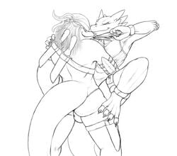 2012 anthro ass bandana bulge claws clothed clothing dagger dragon drayk_dagger duo fight hair horn kalnareff kalnareff_(character) knife legwear male male_only monochrome multiple_males muscles plain_background scalie shirt simple_background skimpy slit_pupils smile spread_legs spreading suggestive teeth toe_claws weapon white_background yaoi